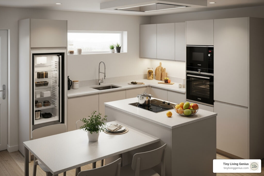 small kitchen with island and dining table