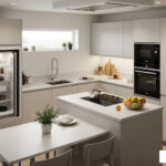 small kitchen with island and dining table